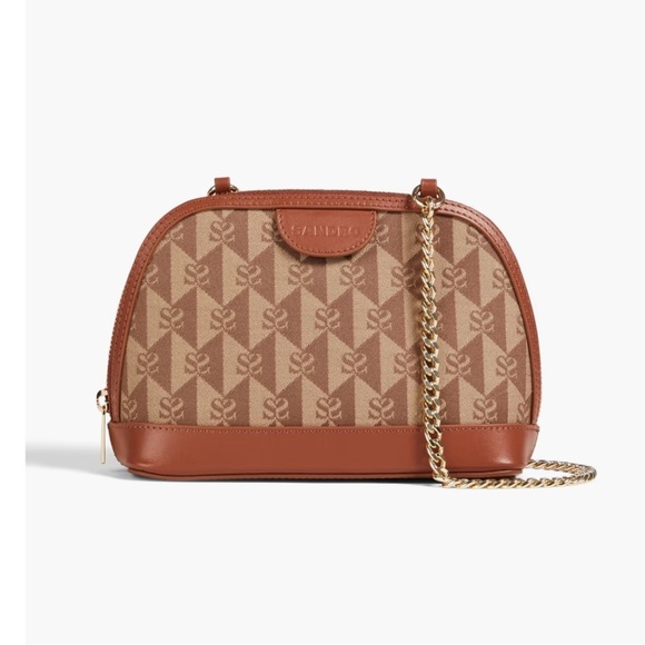NWT Sandro Marron Brown Small Canvas Leather Logo Chain Strap Crossbody Bag - Picture 2 of 16